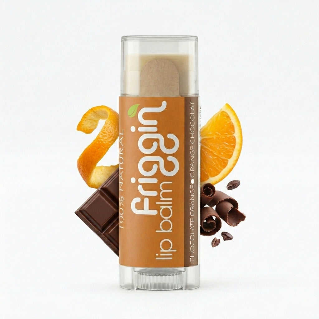 Chocolate Orange natural lip balm product photo with nourishing ingredients.