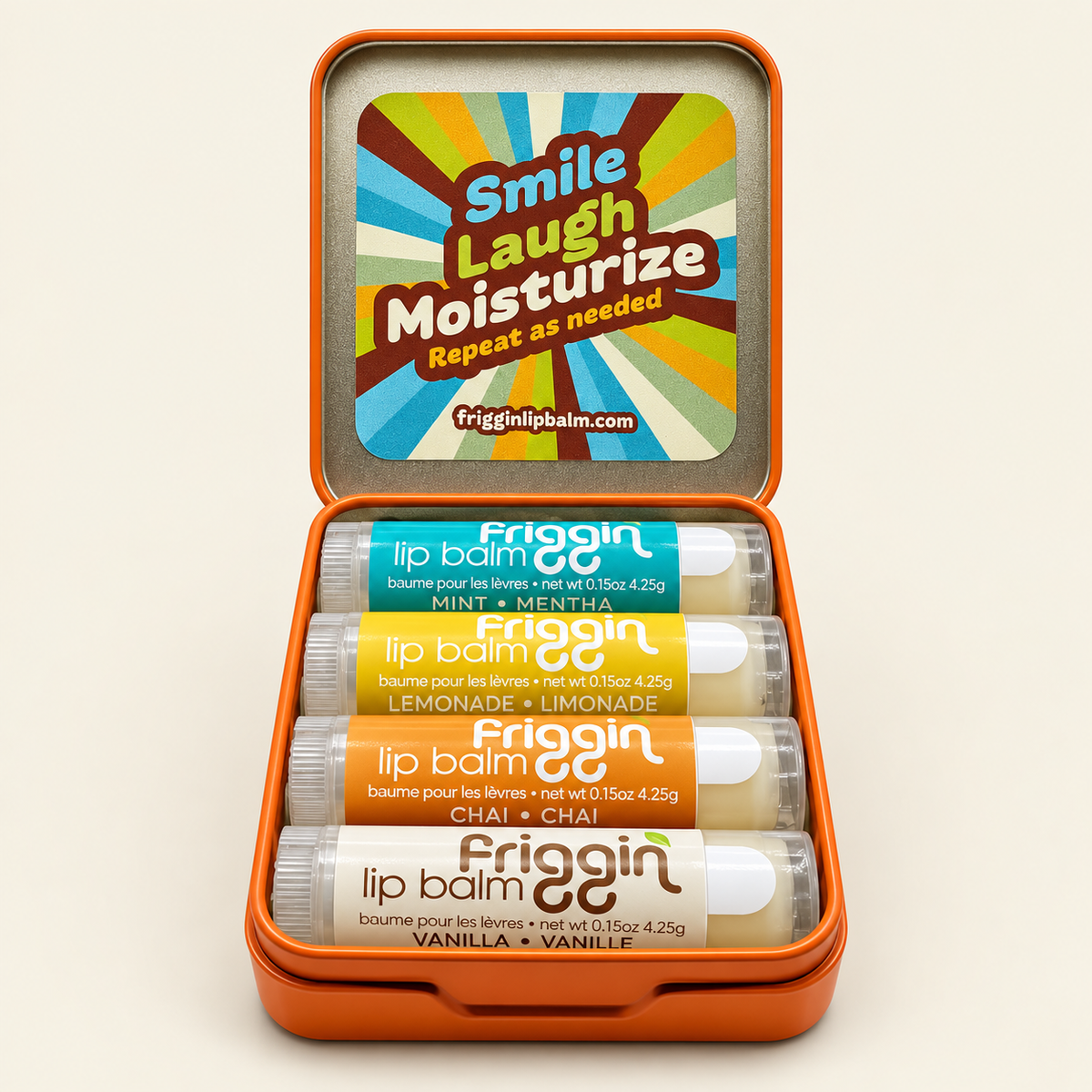 Open Friggin’ Tin with Mint, Lemonade, Chai and Vanilla lip balms