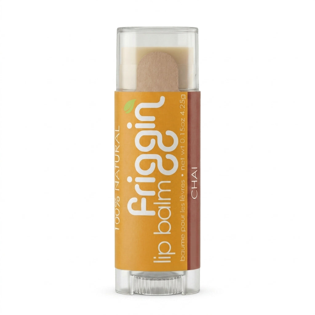 Chai natural lip balm product photo with nourishing ingredients.