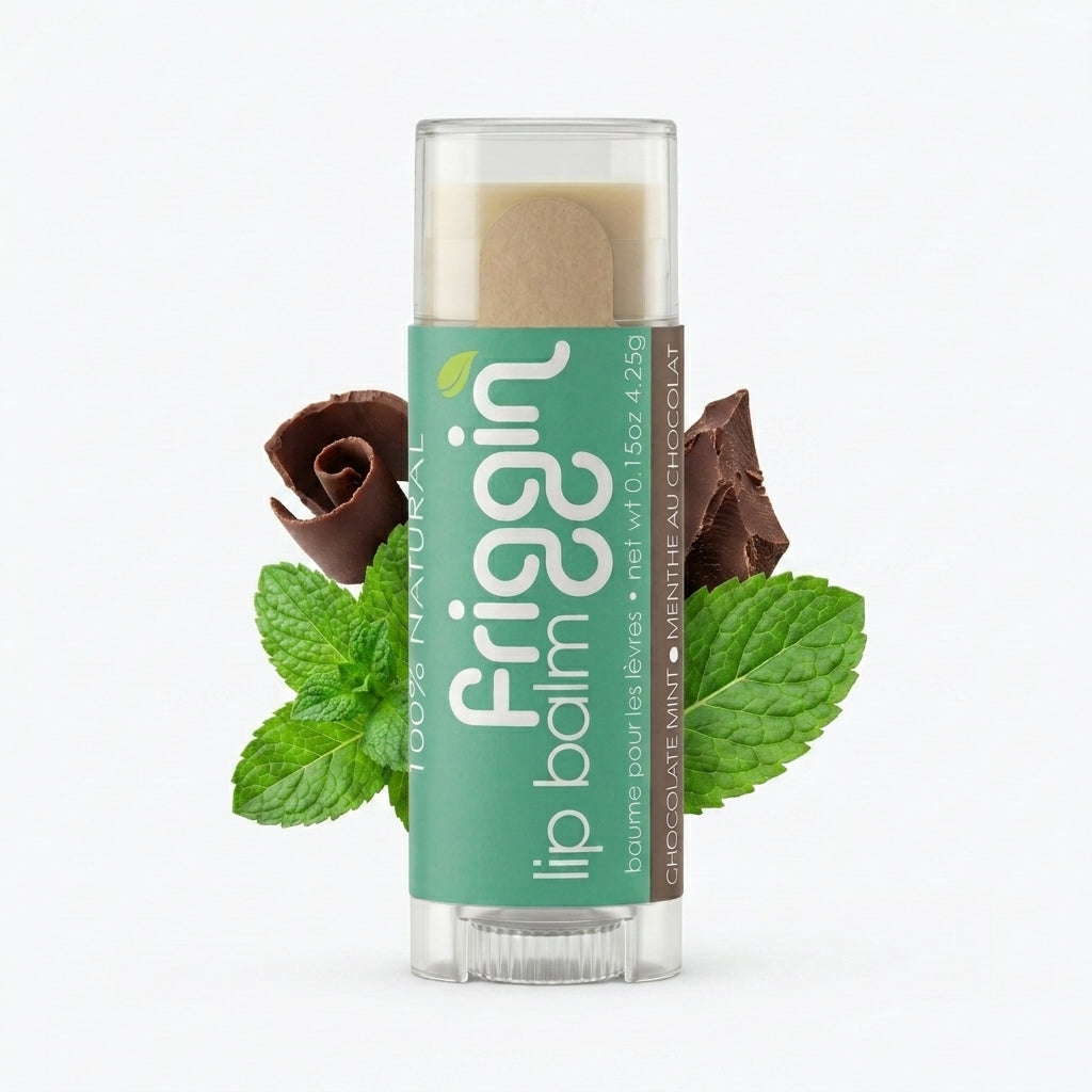 Chocolate Mint natural lip balm product photo with nourishing ingredients.