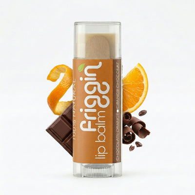 Chocolate Orange natural lip balm product photo with nourishing ingredients.
