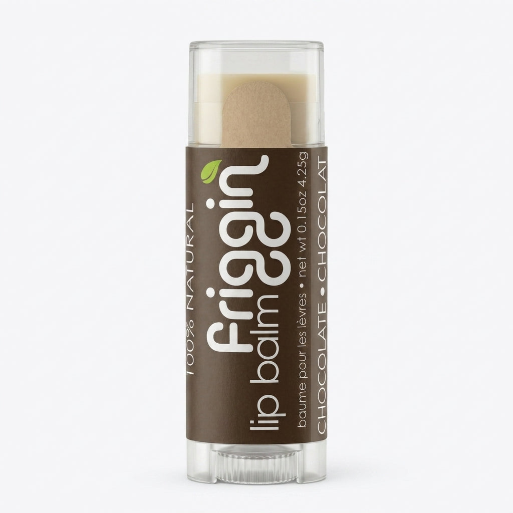 Chocolate natural lip balm product photo with nourishing ingredients.
