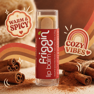 Cinnamon natural lip balm product photo with nourishing ingredients.