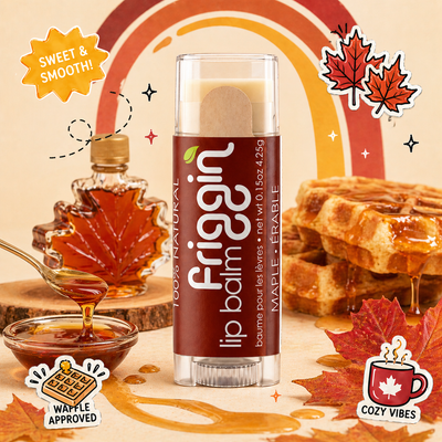 Maple natural lip balm product photo with nourishing ingredients.