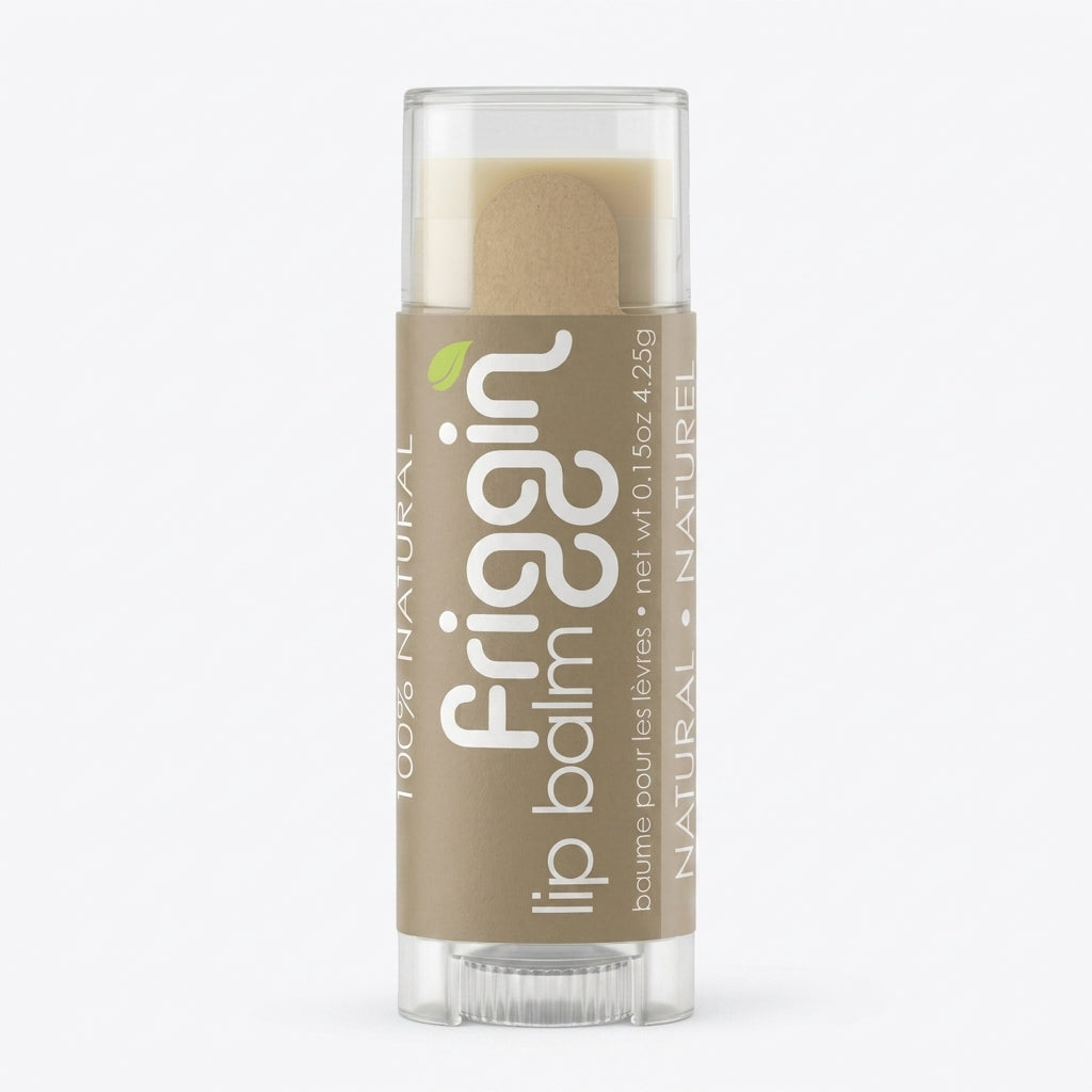 Unscented natural lip balm product photo with nourishing ingredients.