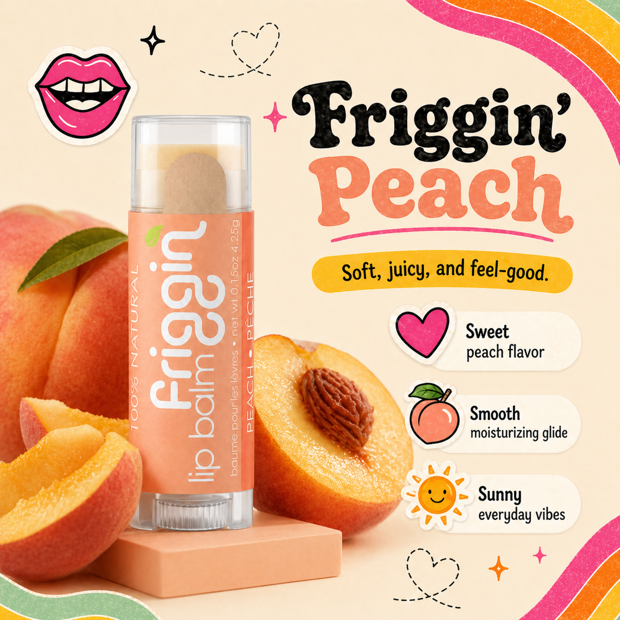 Peach natural lip balm product photo with nourishing ingredients.