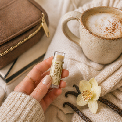 Vanilla natural lip balm held in hand.